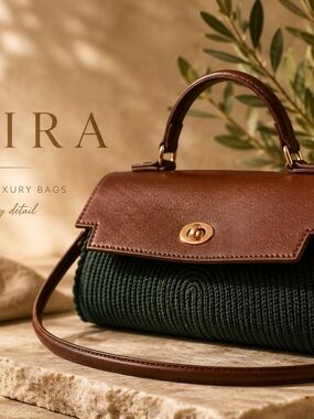 Brown Leather Top-Handle Bag with Dark Green Knit Body - Handmade By Me Canada